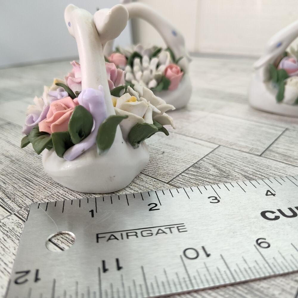 Set of 3 Floral Basket Ceramic Swan Figurines Table Decor Bridal Shower Accent - Picture 8 of 12